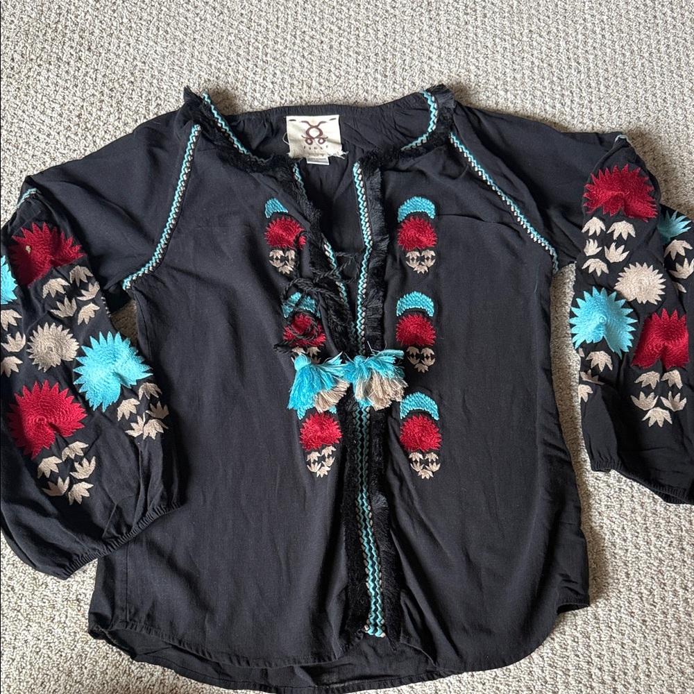 Embroidered Black Top with Multicolor Accents